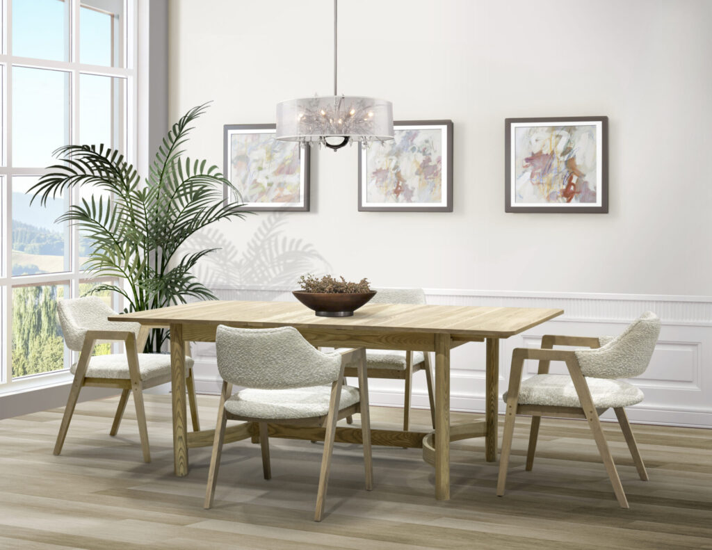 Table à dessus rectangle en frêne massif / Chaise en bois / frêne massif / dos rembourré